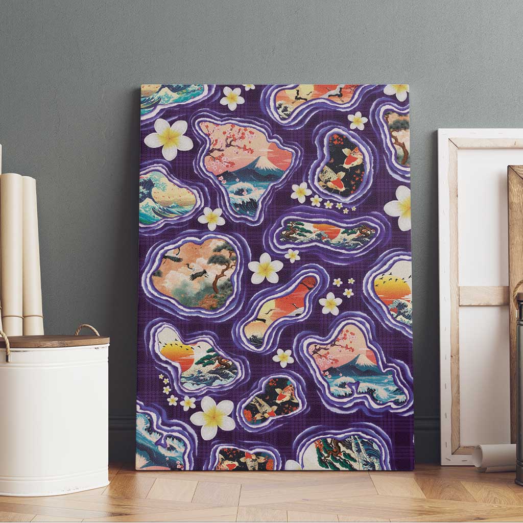 Hawaii Islands Map Design with Japanese Landscape Canvas Wall Art Hawaiian Japan Fusion Art Purple Color
