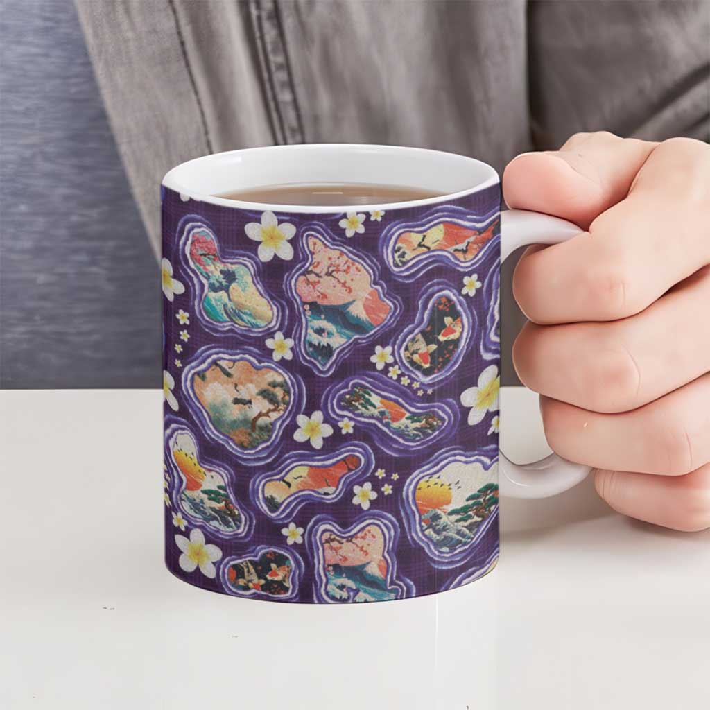 Hawaii Islands Map Design with Japanese Landscape Ceramic Mug Hawaiian Japan Fusion Art Purple Color