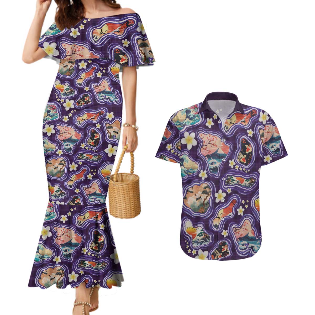 Hawaii Islands Map Design with Japanese Landscape Couples Matching Mermaid Dress and Hawaiian Shirt Hawaiian Japan Fusion Art Purple Color LT03 Purple - Polynesian Pride