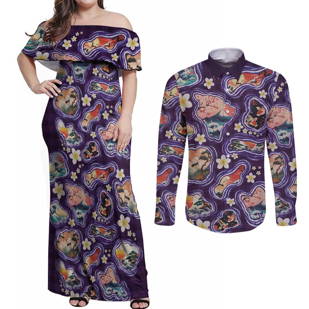 Hawaii Islands Map Design with Japanese Landscape Couples Matching Off Shoulder Maxi Dress and Long Sleeve Button Shirt Hawaiian Japan Fusion Art Purple Color LT03 Purple - Polynesian Pride