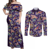 Hawaii Islands Map Design with Japanese Landscape Couples Matching Off Shoulder Maxi Dress and Long Sleeve Button Shirt Hawaiian Japan Fusion Art Purple Color LT03 Purple - Polynesian Pride