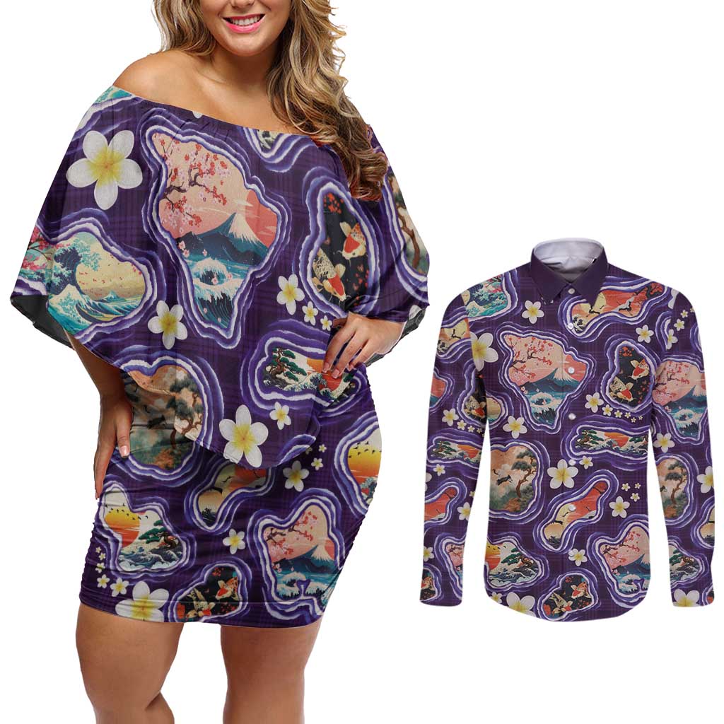 Hawaii Islands Map Design with Japanese Landscape Couples Matching Off Shoulder Short Dress and Long Sleeve Button Shirt Hawaiian Japan Fusion Art Purple Color LT03 Purple - Polynesian Pride