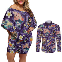 Hawaii Islands Map Design with Japanese Landscape Couples Matching Off Shoulder Short Dress and Long Sleeve Button Shirt Hawaiian Japan Fusion Art Purple Color LT03 Purple - Polynesian Pride