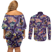 Hawaii Islands Map Design with Japanese Landscape Couples Matching Off Shoulder Short Dress and Long Sleeve Button Shirt Hawaiian Japan Fusion Art Purple Color LT03 - Polynesian Pride