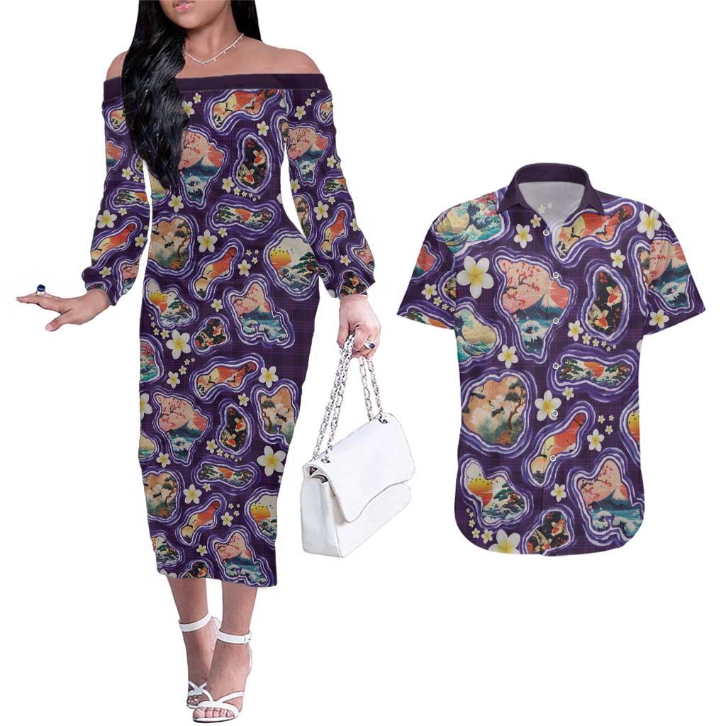 Hawaii Islands Map Design with Japanese Landscape Couples Matching Off The Shoulder Long Sleeve Dress and Hawaiian Shirt Hawaiian Japan Fusion Art Purple Color