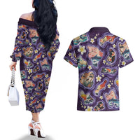 Hawaii Islands Map Design with Japanese Landscape Couples Matching Off The Shoulder Long Sleeve Dress and Hawaiian Shirt Hawaiian Japan Fusion Art Purple Color LT03 - Polynesian Pride