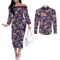 Hawaii Islands Map Design with Japanese Landscape Couples Matching Off The Shoulder Long Sleeve Dress and Long Sleeve Button Shirt Hawaiian Japan Fusion Art Purple Color LT03 Purple - Polynesian Pride