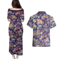 Hawaii Islands Map Design with Japanese Landscape Couples Matching Puletasi and Hawaiian Shirt Hawaiian Japan Fusion Art Purple Color LT03 - Polynesian Pride