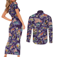 Hawaii Islands Map Design with Japanese Landscape Couples Matching Short Sleeve Bodycon Dress and Long Sleeve Button Shirt Hawaiian Japan Fusion Art Purple Color LT03 - Polynesian Pride