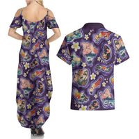 Hawaii Islands Map Design with Japanese Landscape Couples Matching Summer Maxi Dress and Hawaiian Shirt Hawaiian Japan Fusion Art Purple Color LT03 - Polynesian Pride
