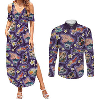 Hawaii Islands Map Design with Japanese Landscape Couples Matching Summer Maxi Dress and Long Sleeve Button Shirt Hawaiian Japan Fusion Art Purple Color LT03 Purple - Polynesian Pride