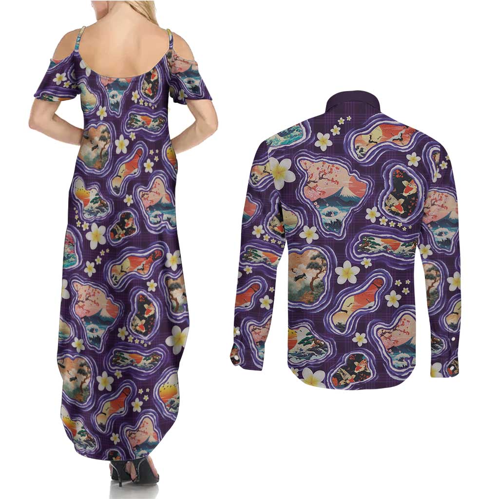 Hawaii Islands Map Design with Japanese Landscape Couples Matching Summer Maxi Dress and Long Sleeve Button Shirt Hawaiian Japan Fusion Art Purple Color LT03 - Polynesian Pride