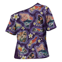 Hawaii Islands Map Design with Japanese Landscape Cross Shoulder Shirt Hawaiian Japan Fusion Art Purple Color LT03 - Polynesian Pride