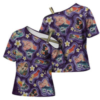 Hawaii Islands Map Design with Japanese Landscape Cross Shoulder Shirt Hawaiian Japan Fusion Art Purple Color LT03 - Polynesian Pride