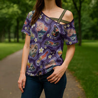 Hawaii Islands Map Design with Japanese Landscape Cross Shoulder Shirt Hawaiian Japan Fusion Art Purple Color LT03 - Polynesian Pride