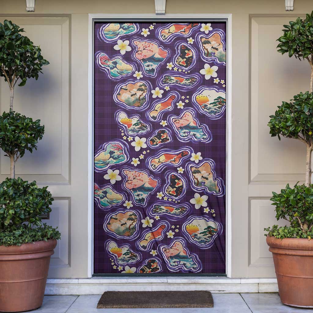 Hawaii Islands Map Design with Japanese Landscape Door Cover Hawaiian Japan Fusion Art Purple Color LT03 Purple - Polynesian Pride