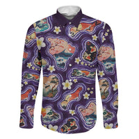 Hawaii Islands Map Design with Japanese Landscape Family Matching Long Sleeve Bodycon Dress and Hawaiian Shirt Hawaiian Japan Fusion Art Purple Color LT03 Dad's Shirt - Long Sleeve Purple - Polynesian Pride