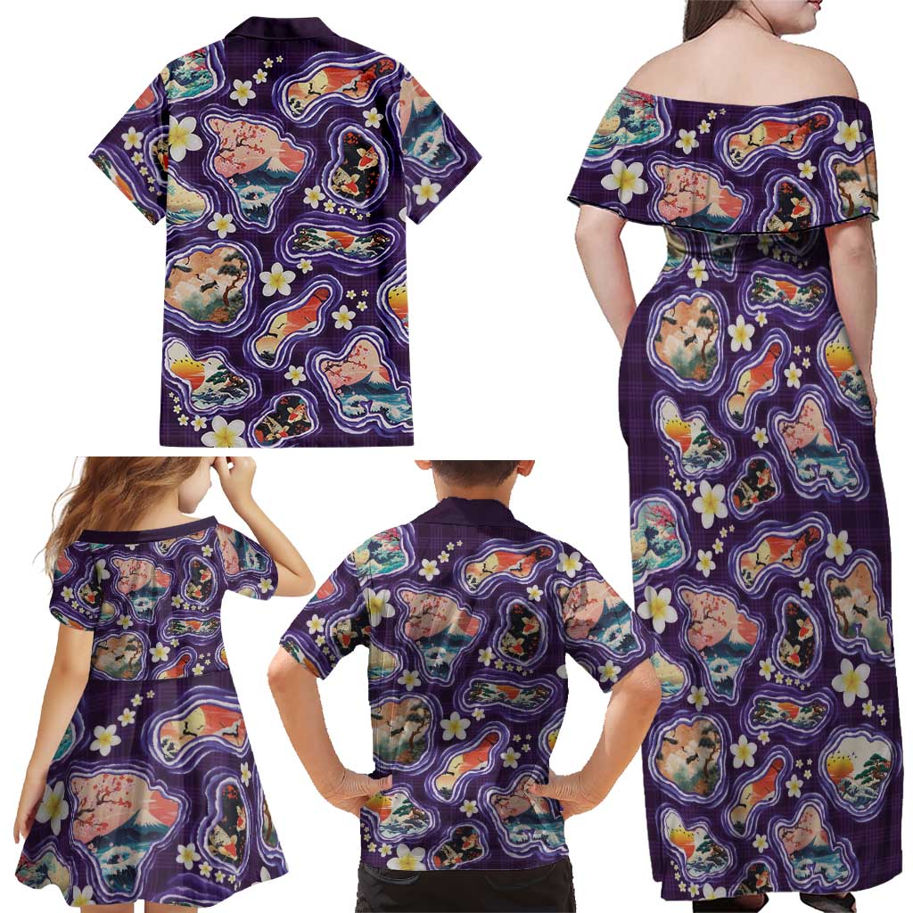 Hawaii Islands Map Design with Japanese Landscape Family Matching Off Shoulder Maxi Dress and Hawaiian Shirt Hawaiian Japan Fusion Art Purple Color LT03 - Polynesian Pride