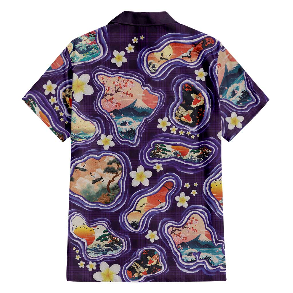 Hawaii Islands Map Design with Japanese Landscape Family Matching Off Shoulder Maxi Dress and Hawaiian Shirt Hawaiian Japan Fusion Art Purple Color LT03 - Polynesian Pride