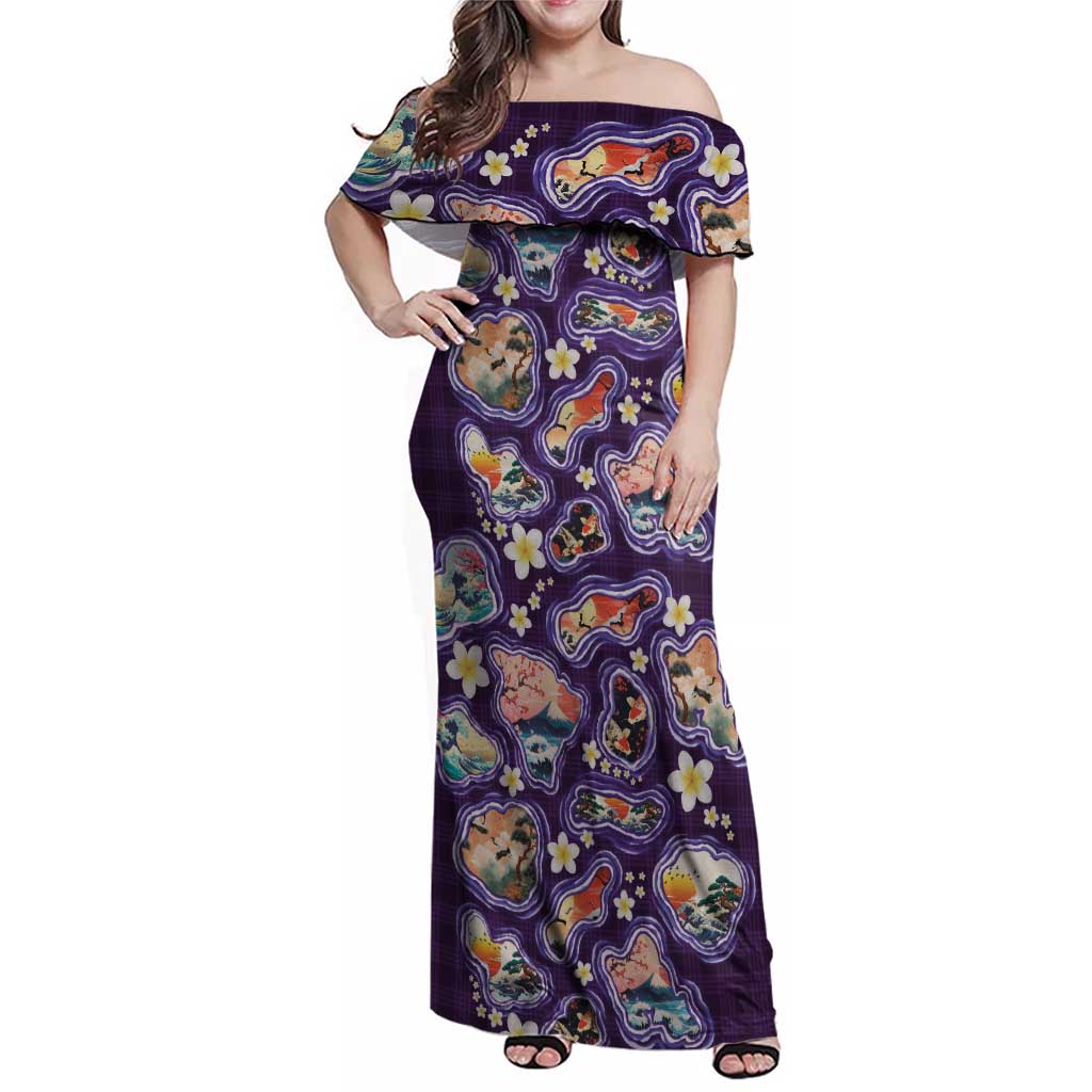 Hawaii Islands Map Design with Japanese Landscape Family Matching Off Shoulder Maxi Dress and Hawaiian Shirt Hawaiian Japan Fusion Art Purple Color LT03 Mom's Dress Purple - Polynesian Pride