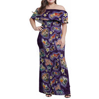 Hawaii Islands Map Design with Japanese Landscape Family Matching Off Shoulder Maxi Dress and Hawaiian Shirt Hawaiian Japan Fusion Art Purple Color LT03 Mom's Dress Purple - Polynesian Pride