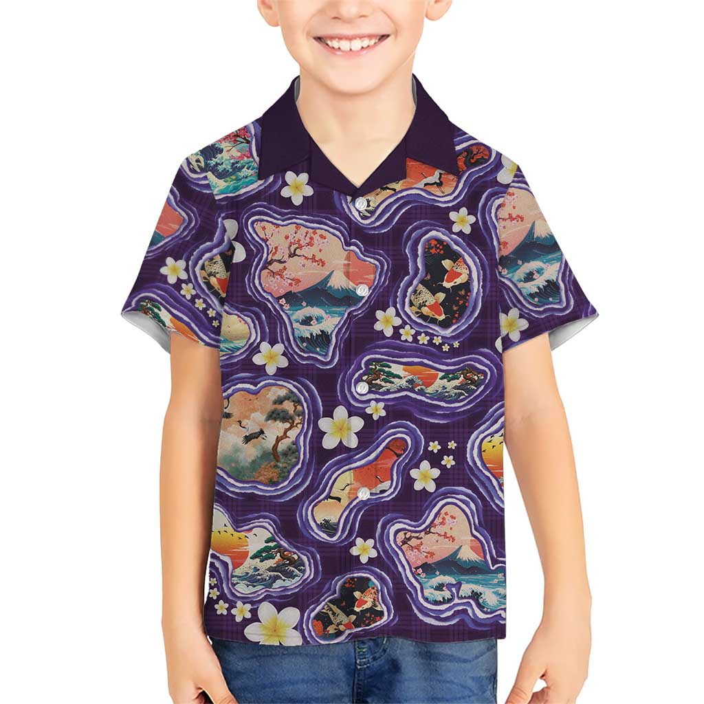 Hawaii Islands Map Design with Japanese Landscape Family Matching Off Shoulder Maxi Dress and Hawaiian Shirt Hawaiian Japan Fusion Art Purple Color LT03 Son's Shirt Purple - Polynesian Pride