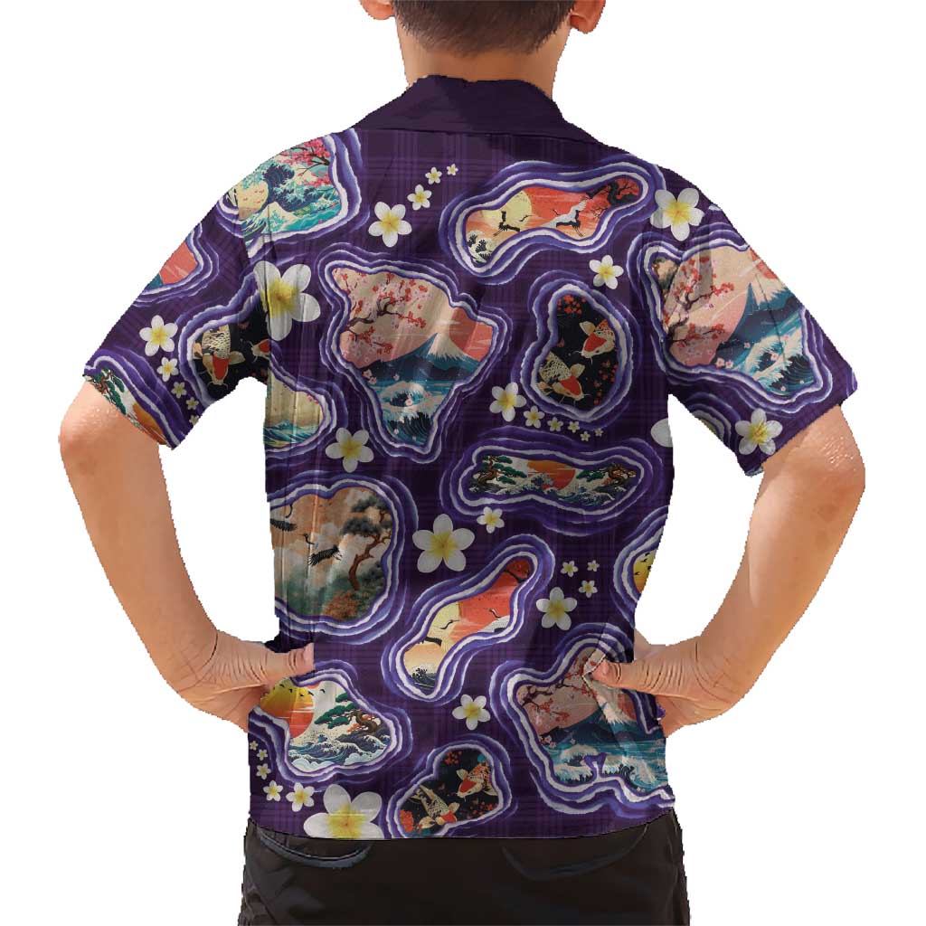 Hawaii Islands Map Design with Japanese Landscape Family Matching Short Sleeve Bodycon Dress and Hawaiian Shirt Hawaiian Japan Fusion Art Purple Color LT03 - Polynesian Pride
