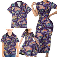 Hawaii Islands Map Design with Japanese Landscape Family Matching Short Sleeve Bodycon Dress and Hawaiian Shirt Hawaiian Japan Fusion Art Purple Color LT03 - Polynesian Pride
