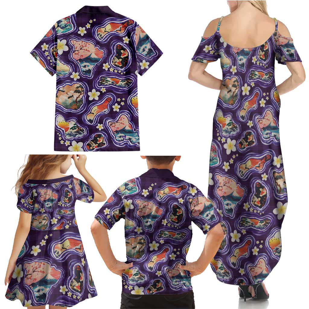 Hawaii Islands Map Design with Japanese Landscape Family Matching Summer Maxi Dress and Hawaiian Shirt Hawaiian Japan Fusion Art Purple Color LT03 - Polynesian Pride