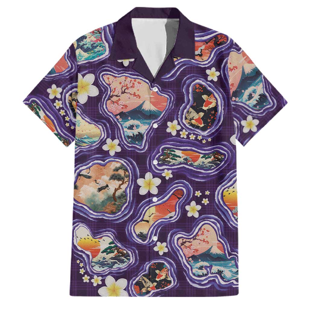 Hawaii Islands Map Design with Japanese Landscape Family Matching Summer Maxi Dress and Hawaiian Shirt Hawaiian Japan Fusion Art Purple Color LT03 Dad's Shirt - Short Sleeve Purple - Polynesian Pride