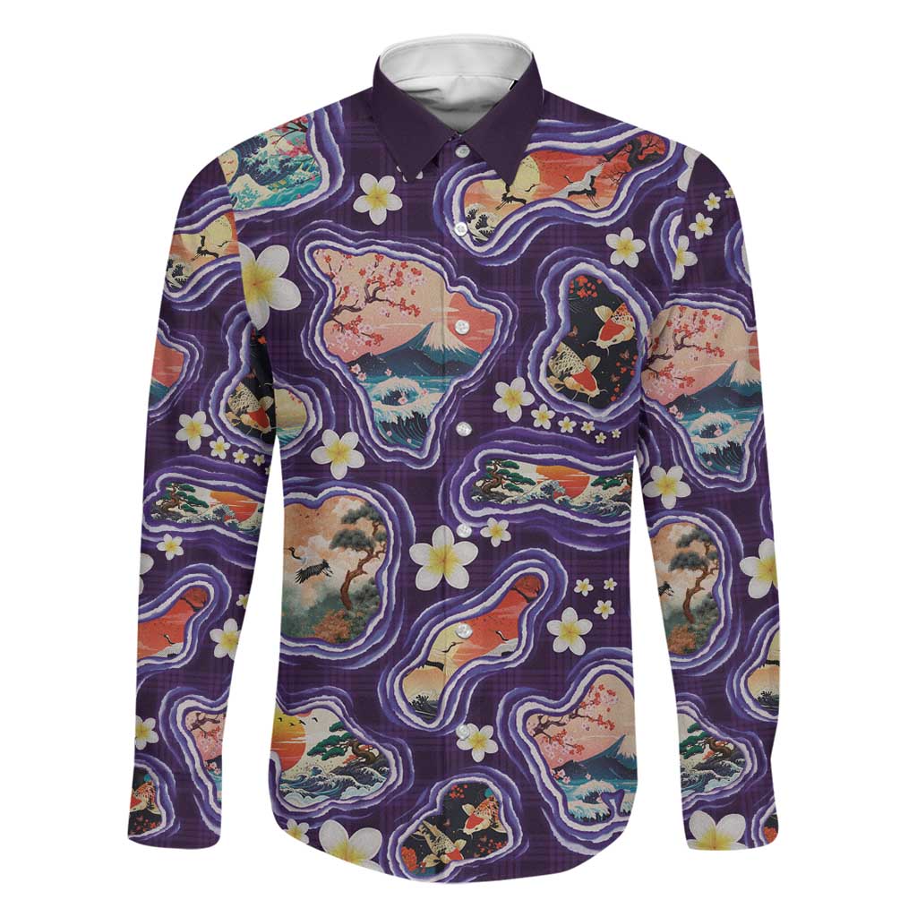 Hawaii Islands Map Design with Japanese Landscape Family Matching Summer Maxi Dress and Hawaiian Shirt Hawaiian Japan Fusion Art Purple Color LT03 Dad's Shirt - Long Sleeve Purple - Polynesian Pride