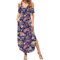 Hawaii Islands Map Design with Japanese Landscape Family Matching Summer Maxi Dress and Hawaiian Shirt Hawaiian Japan Fusion Art Purple Color LT03 Mom's Dress Purple - Polynesian Pride