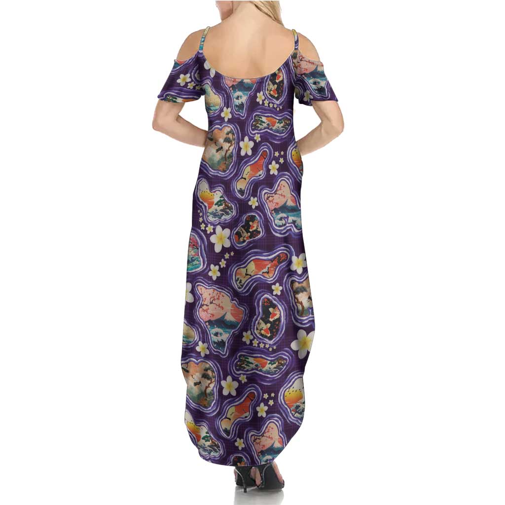 Hawaii Islands Map Design with Japanese Landscape Family Matching Summer Maxi Dress and Hawaiian Shirt Hawaiian Japan Fusion Art Purple Color LT03 - Polynesian Pride