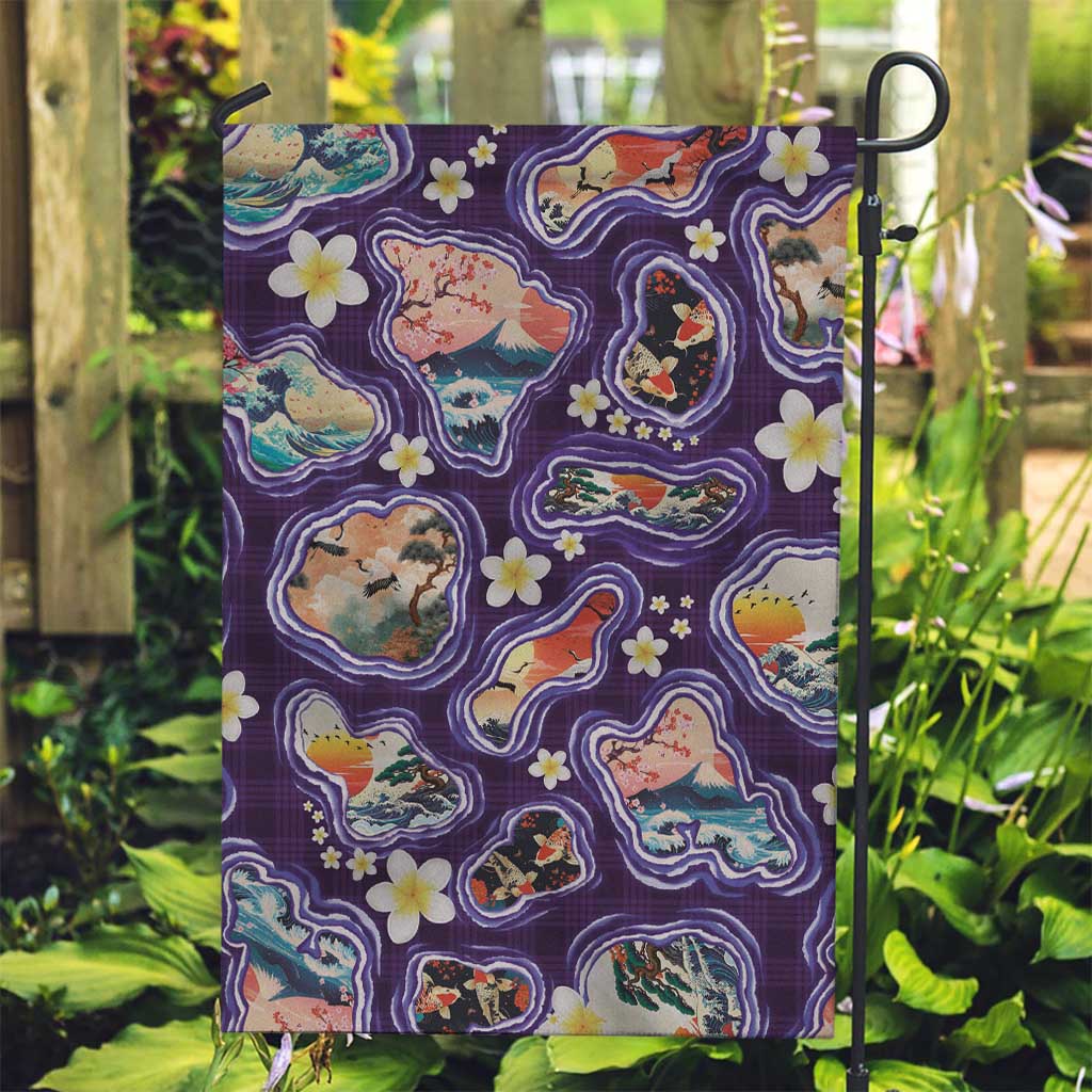 Hawaii Islands Map Design with Japanese Landscape Garden Flag Hawaiian Japan Fusion Art Purple Color