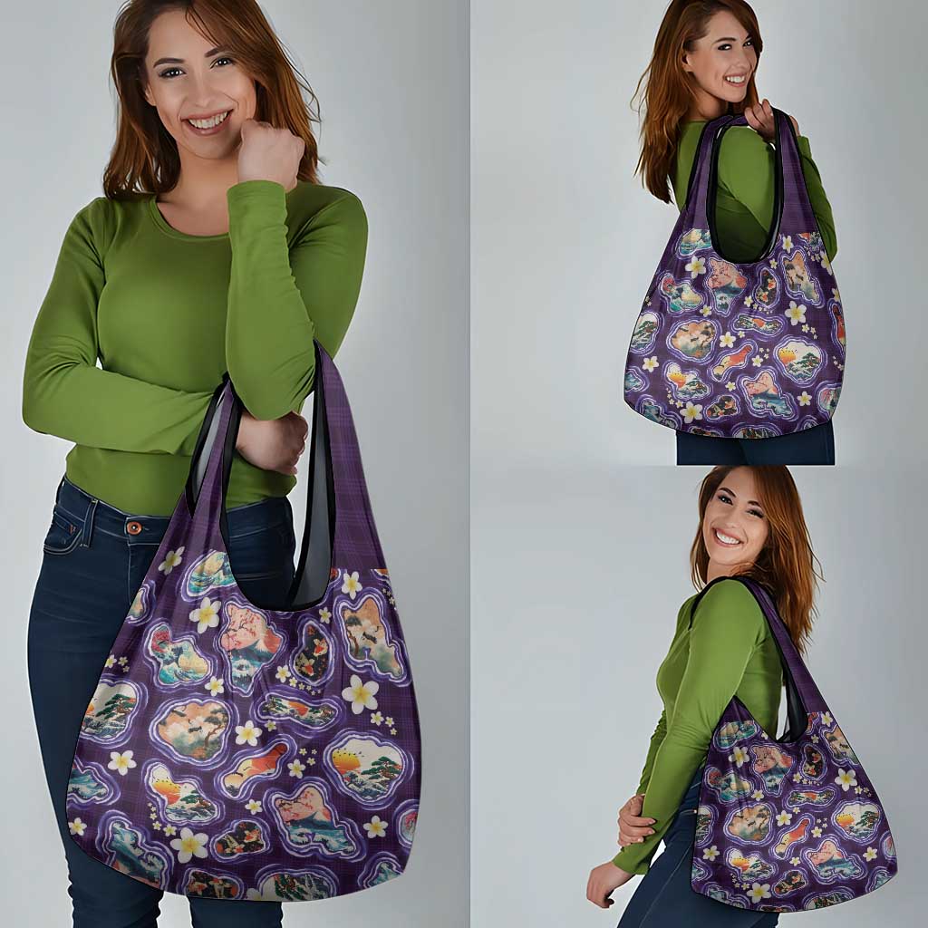 Hawaii Islands Map Design with Japanese Landscape Grocery Bag Hawaiian Japan Fusion Art Purple Color