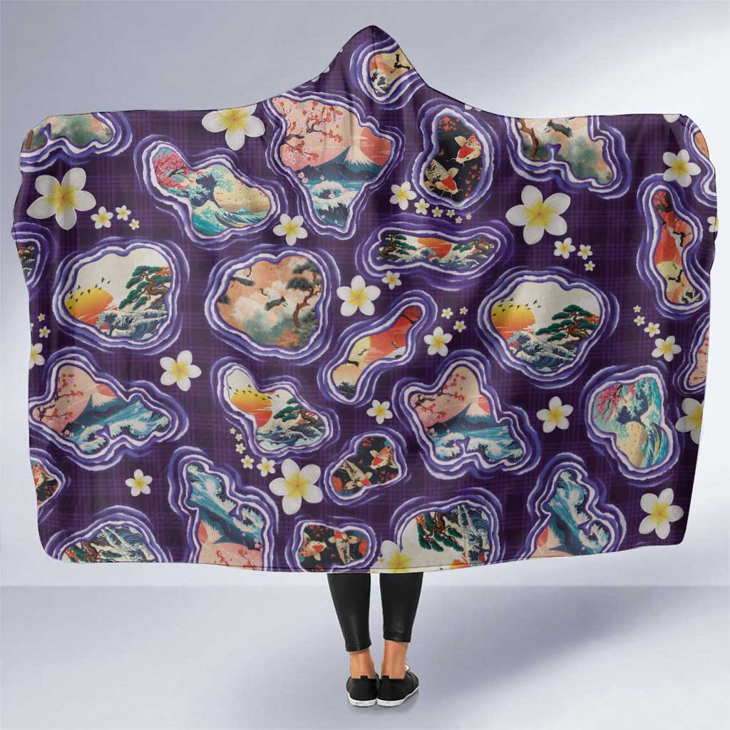 Hawaii Islands Map Design with Japanese Landscape Hooded Blanket Hawaiian Japan Fusion Art Purple Color