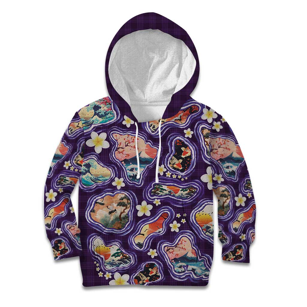 Hawaii Islands Map Design with Japanese Landscape Kid Hoodie Hawaiian Japan Fusion Art Purple Color LT03 Hoodie Purple - Polynesian Pride