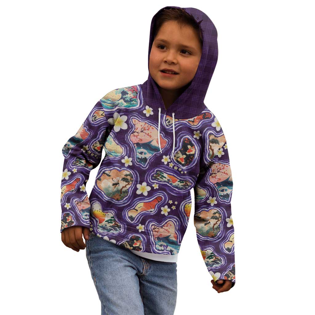 Hawaii Islands Map Design with Japanese Landscape Kid Hoodie Hawaiian Japan Fusion Art Purple Color LT03 - Polynesian Pride