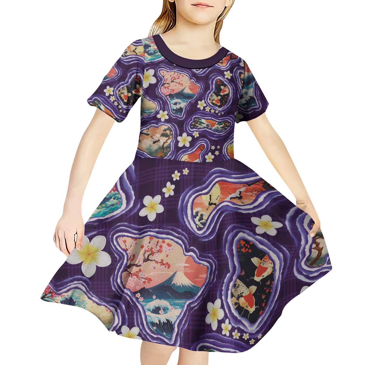 Hawaii Islands Map Design with Japanese Landscape Kid Short Sleeve Dress Hawaiian Japan Fusion Art Purple Color LT03 - Polynesian Pride