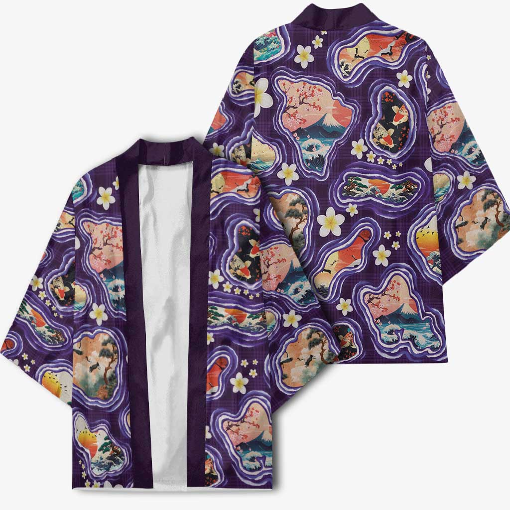 Hawaii Islands Map Design with Japanese Landscape Kimono Hawaiian Japan Fusion Art Purple Color