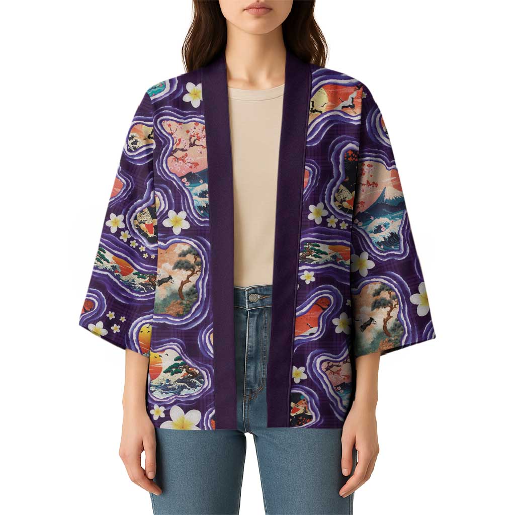 Hawaii Islands Map Design with Japanese Landscape Kimono Hawaiian Japan Fusion Art Purple Color