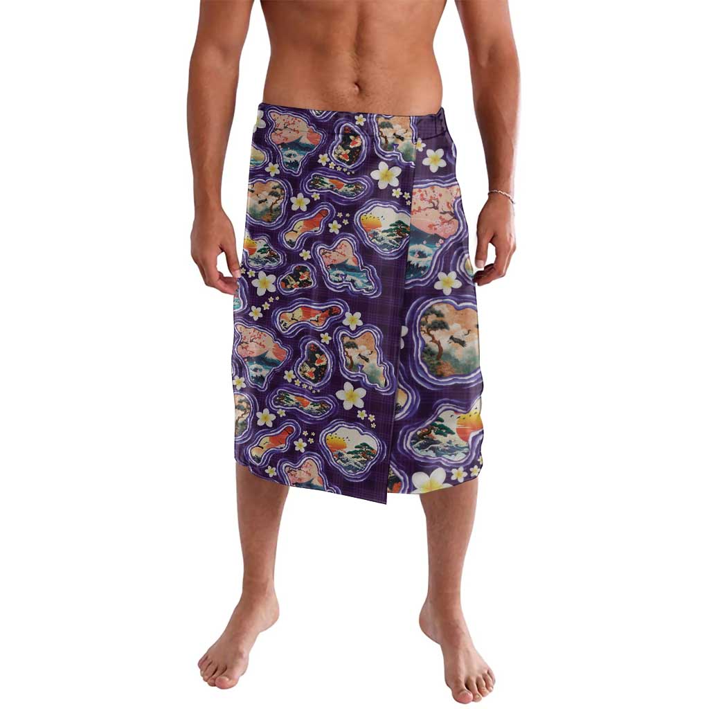 Hawaii Islands Map Design with Japanese Landscape Lavalava Hawaiian Japan Fusion Art Purple Color