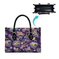 Hawaii Islands Map Design with Japanese Landscape Leather Bag Hawaiian Japan Fusion Art Purple Color