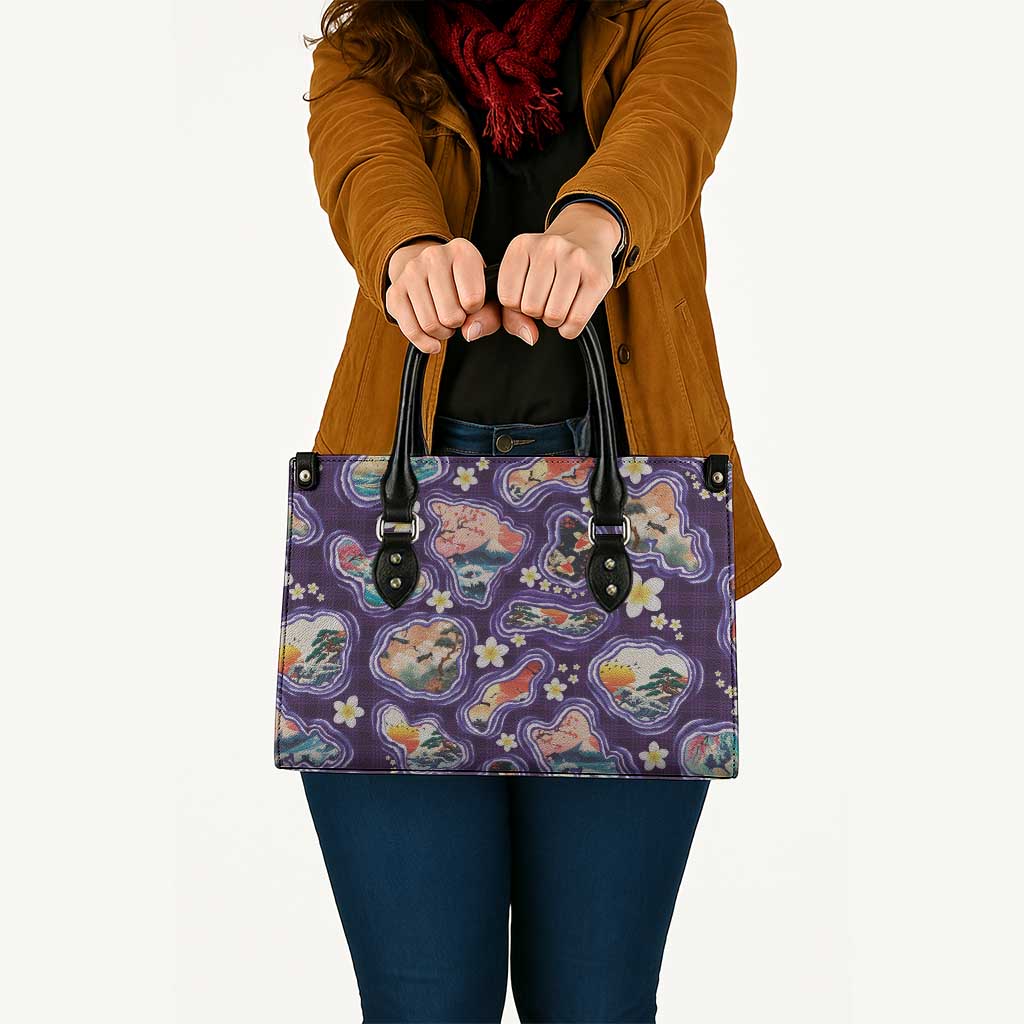 Hawaii Islands Map Design with Japanese Landscape Leather Bag Hawaiian Japan Fusion Art Purple Color