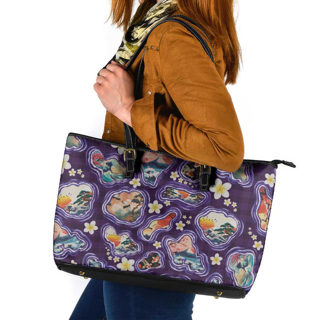 Hawaii Islands Map Design with Japanese Landscape Leather Tote Bag Hawaiian Japan Fusion Art Purple Color