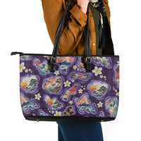Hawaii Islands Map Design with Japanese Landscape Leather Tote Bag Hawaiian Japan Fusion Art Purple Color
