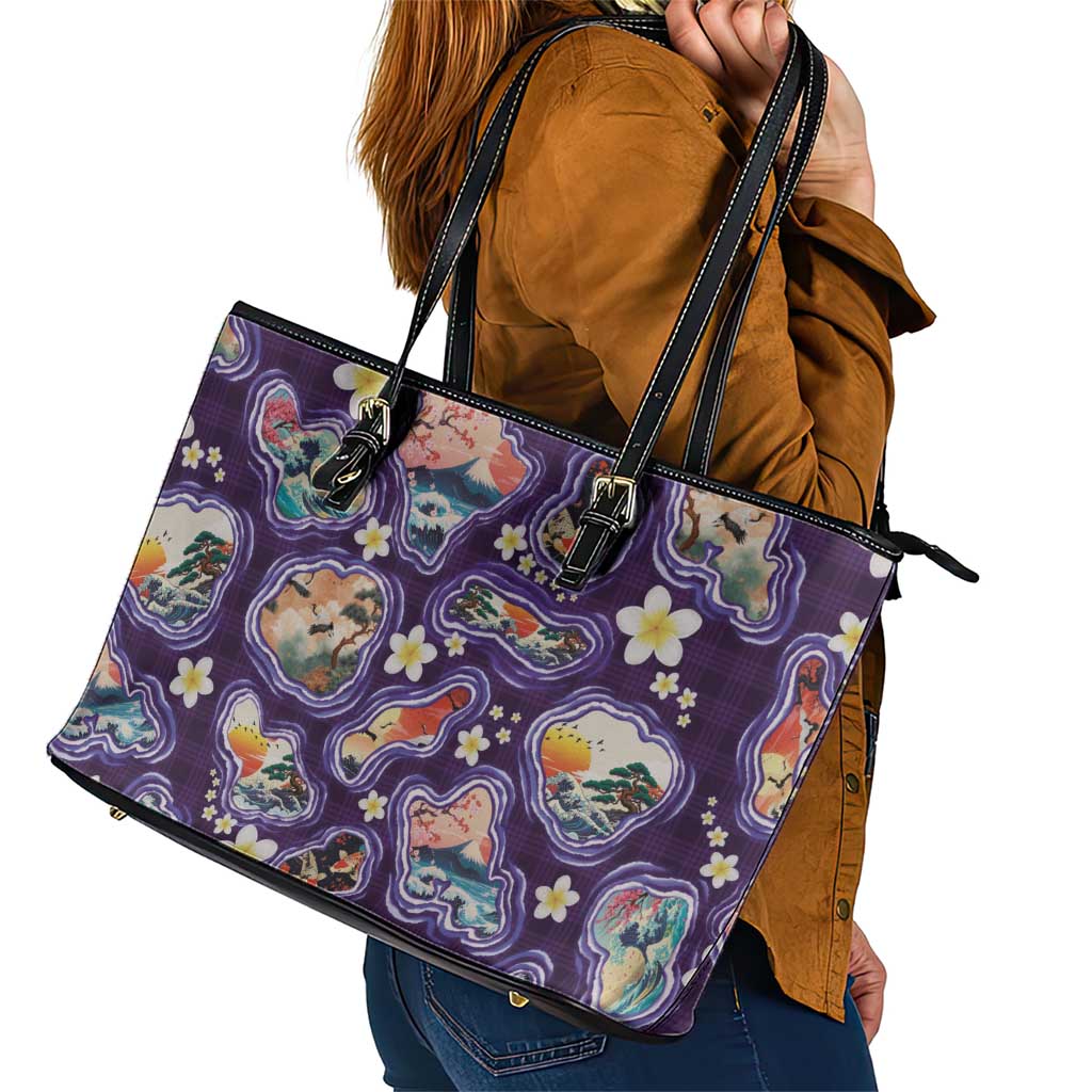 Hawaii Islands Map Design with Japanese Landscape Leather Tote Bag Hawaiian Japan Fusion Art Purple Color