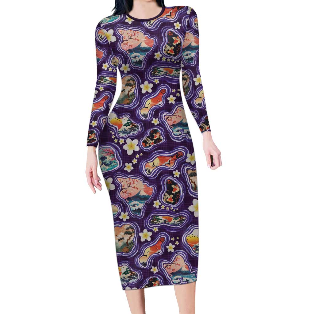Hawaii Islands Map Design with Japanese Landscape Long Sleeve Bodycon Dress Hawaiian Japan Fusion Art Purple Color LT03 Long Dress Purple - Polynesian Pride