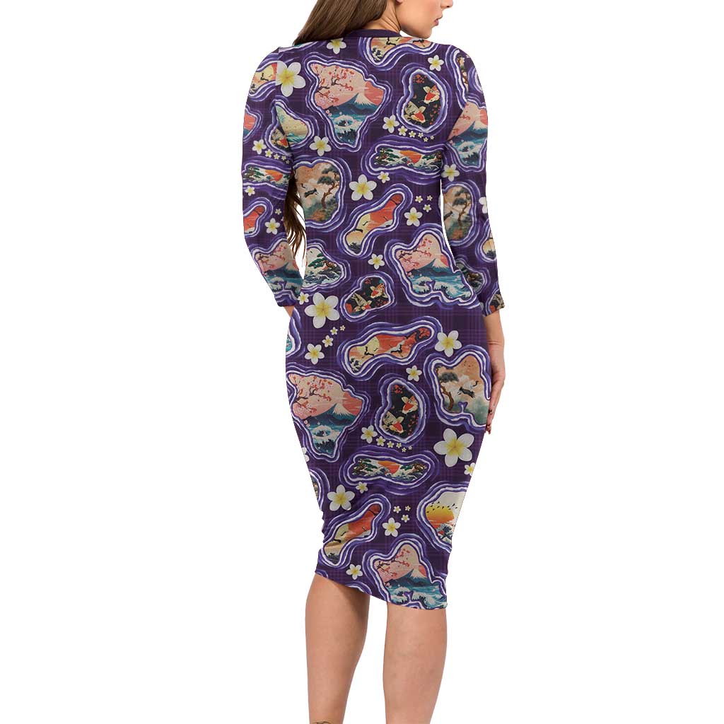 Hawaii Islands Map Design with Japanese Landscape Long Sleeve Bodycon Dress Hawaiian Japan Fusion Art Purple Color LT03 - Polynesian Pride