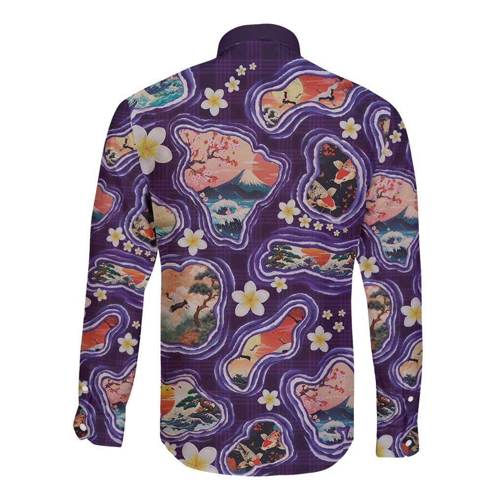 Hawaii Islands Map Design with Japanese Landscape Long Sleeve Button Shirt Hawaiian Japan Fusion Art Purple Color